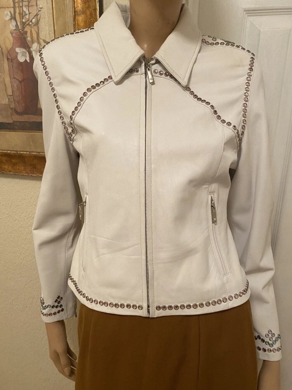 CRIPPLE CREEK Off White Leather Rhinestones Embellished Blingy Jacket S Small - Picture 8 of 16